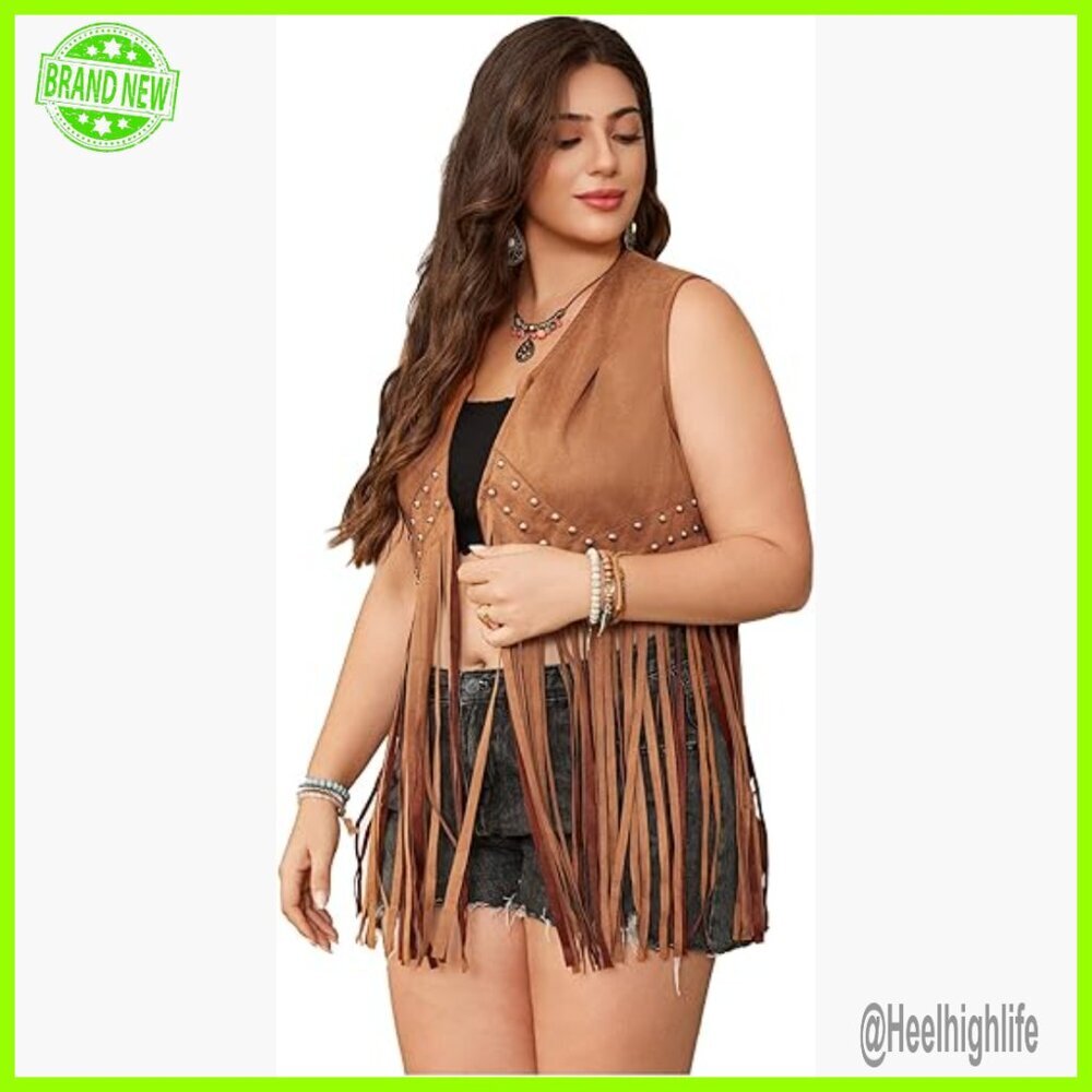 Plus Size Suede Fringe Vest Sleeveless Rivets Boho Tassel Hippie Outerwear